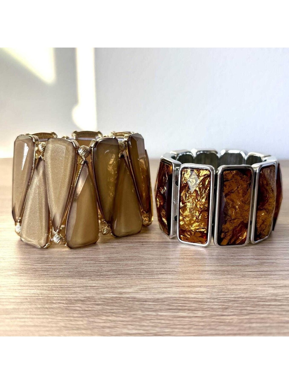 Y2K Statement Stretch Bracelet Bundle of 2, Amber & Taupe, 2000s Fashion Jewelry